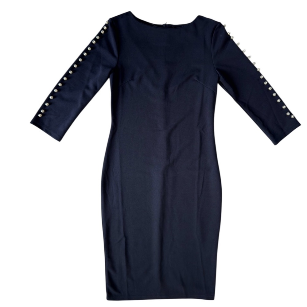 Shein NWOT NavyBlue Cocktail Dress Pearl Embellished 3/4 Sleeves Sheath Pencil M